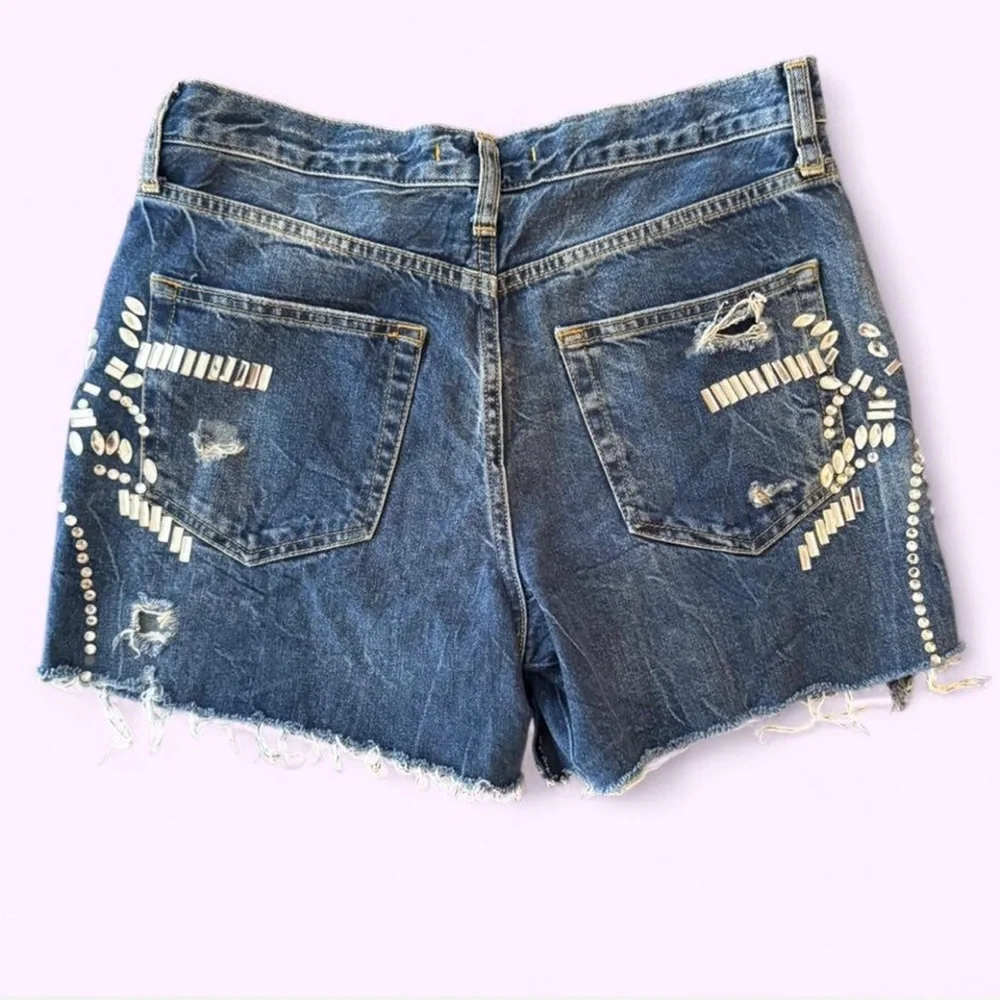 Rare Free People - Size 28 - Rhinestone Embellished Denim Shorts - 100% Cotton - Picture 2 of 6